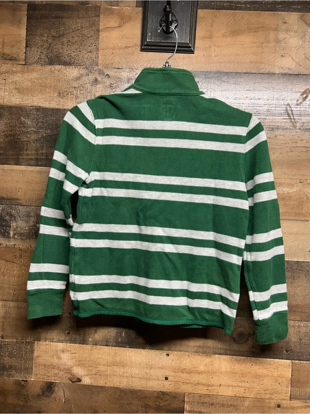 GAP Men's Green and White Striped Quarter-Zip Sweater